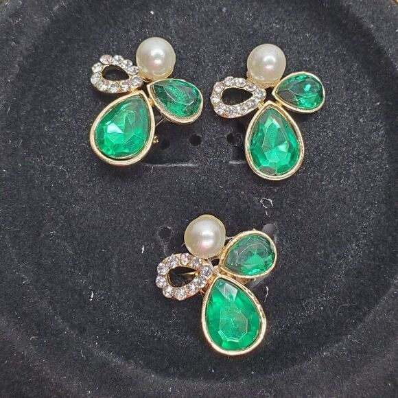 Statement Necklace Earrings Bracelet Ring Faux Pearl Rhinestones Green Flower - Picture 3 of 4